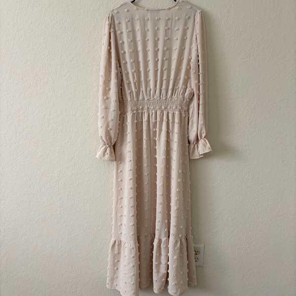 Light Khaki Swiss Dot Maxi Dress Smocked Waist - Picture 11 of 12